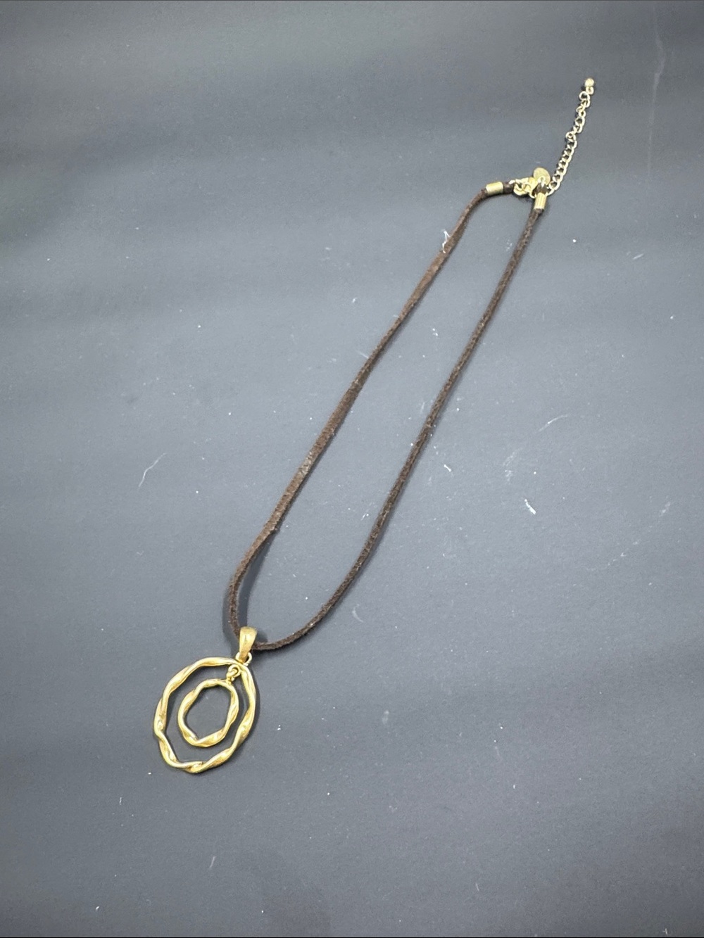 Gold Double-Ring Pendant Necklace on Brown Cord